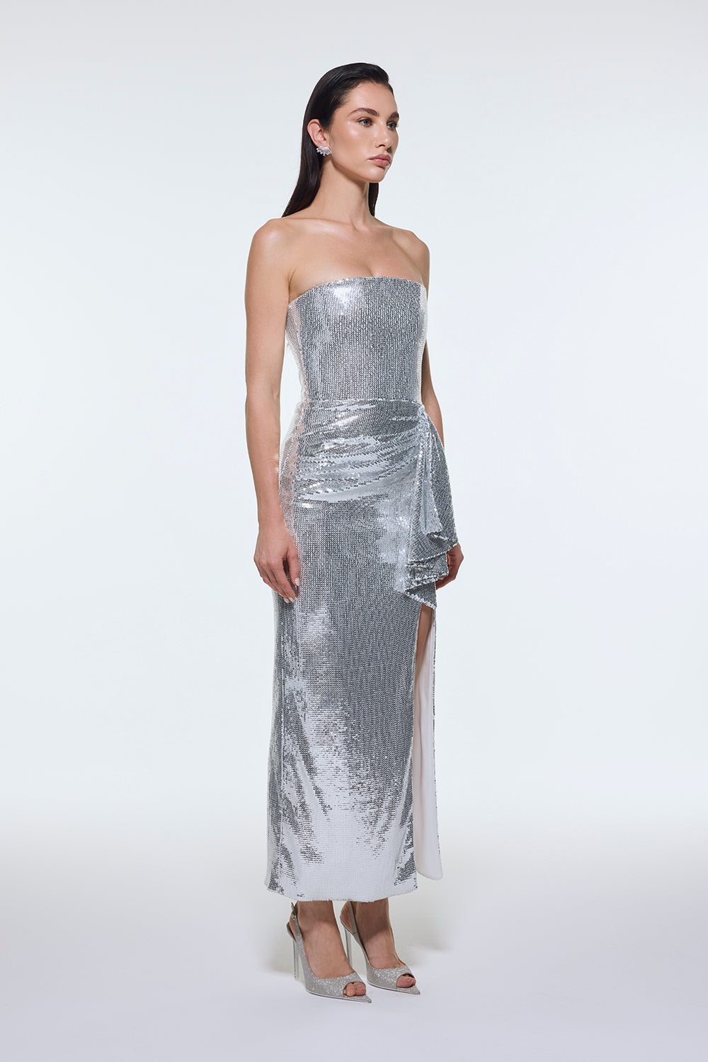 Bel Drape Detaylı Straplez Midi Abiye Elbise - 9295C