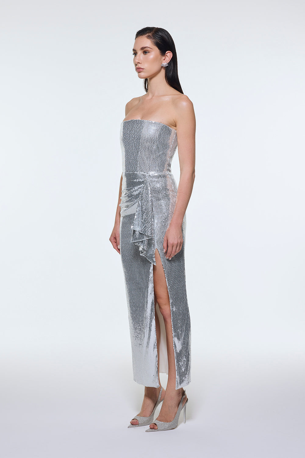 Bel Drape Detaylı Straplez Midi Abiye Elbise - 9295C