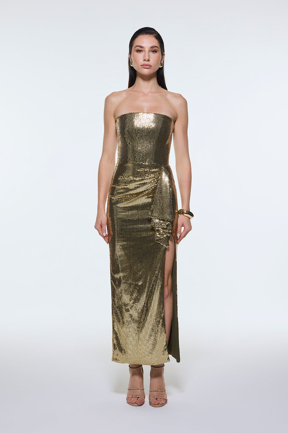 Bel Drape Detaylı Straplez Midi Abiye Elbise - 9295C