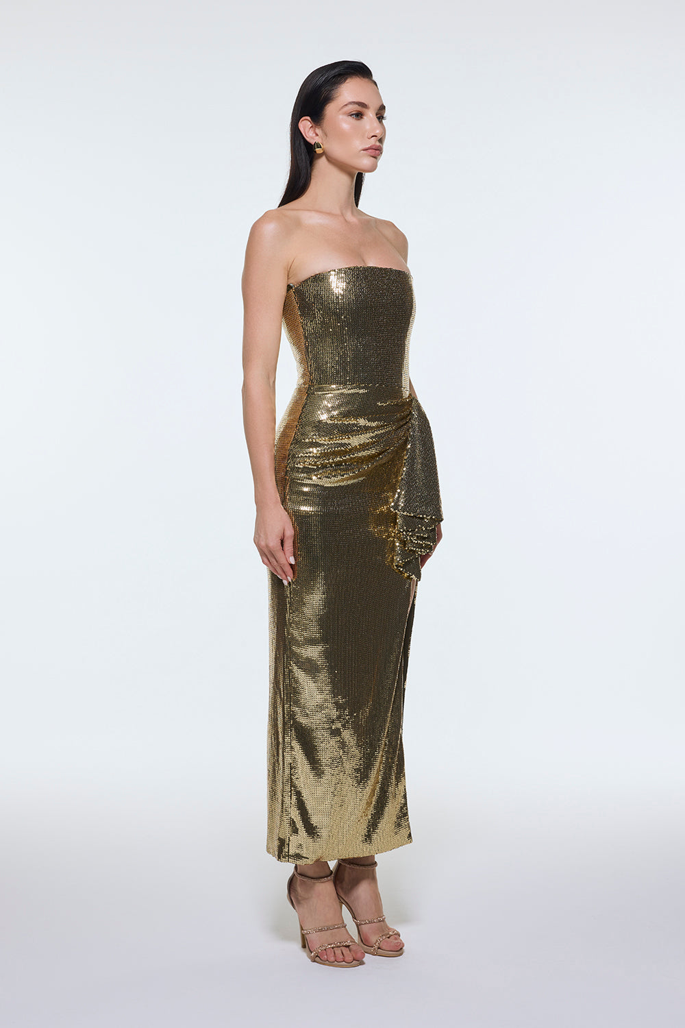 Bel Drape Detaylı Straplez Midi Abiye Elbise - 9295C