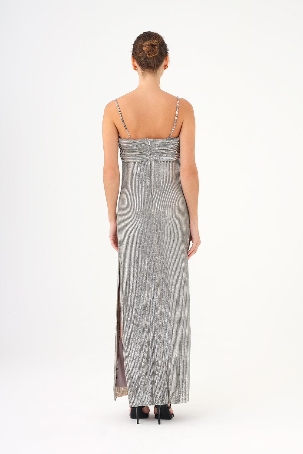 Zincir Askılı Straplez Yaka Yırtmaçlı Uzun Abiye Elbise - 9042C