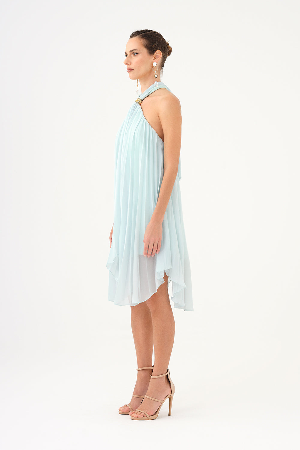 Halter Yaka Broş Detaylı Piliseli Mini Abiye Elbise - 9127C