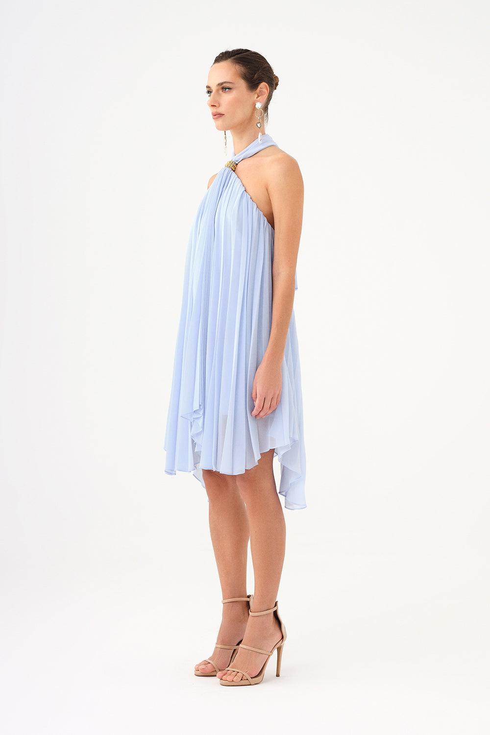 Halter Yaka Broş Detaylı Piliseli Mini Abiye Elbise - 9127C