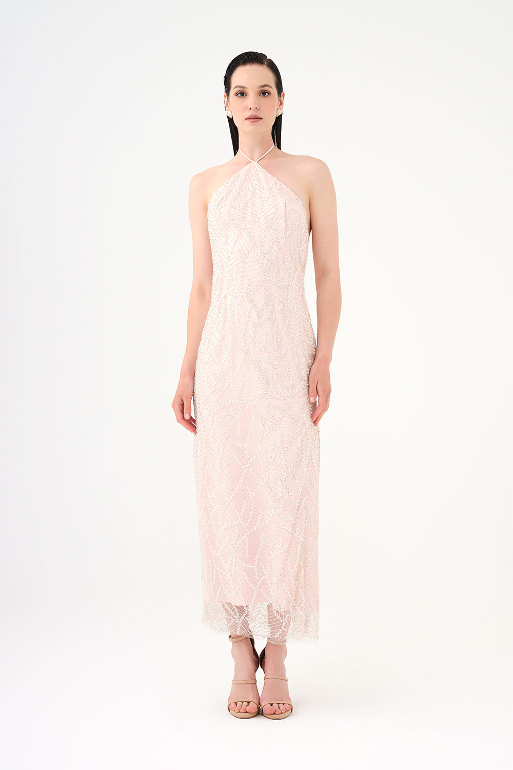 İnci Detaylı Halter Yaka Midi Abiye Elbise - 9150C