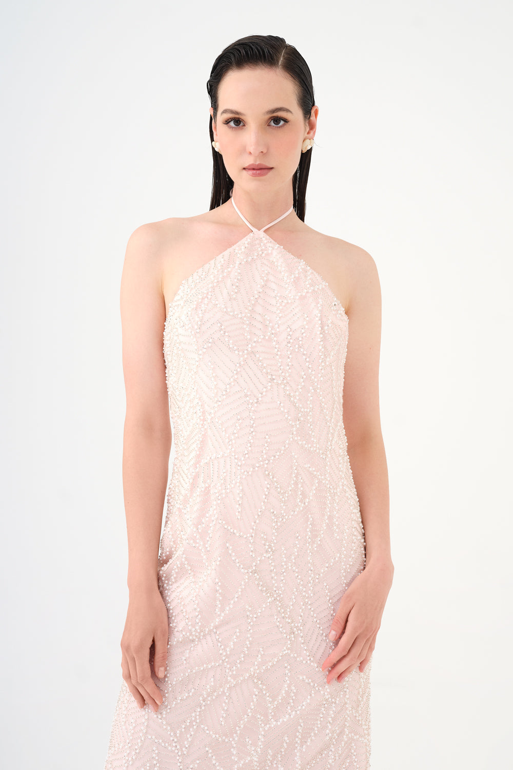 İnci Detaylı Halter Yaka Midi Abiye Elbise - 9150C