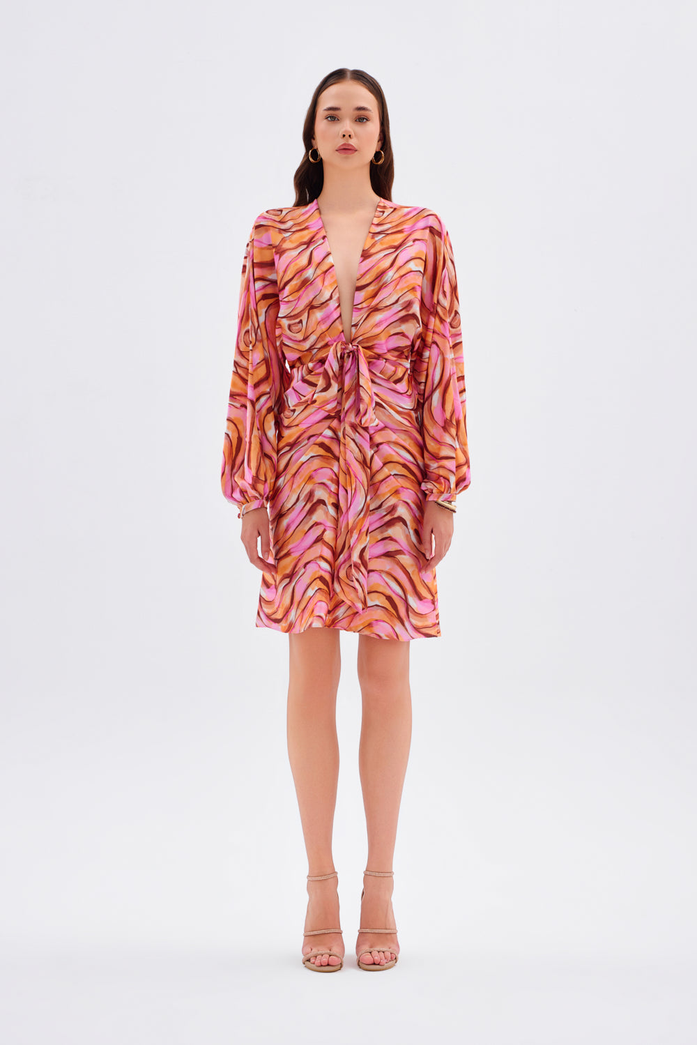 Bağlama Detaylı Desenli Kısa Abiye Elbise - 9199C