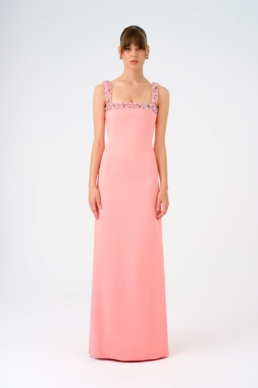 Şifon Pelerinli Taş İşlemeli Askılı Uzun Abiye Elbise - 9053C