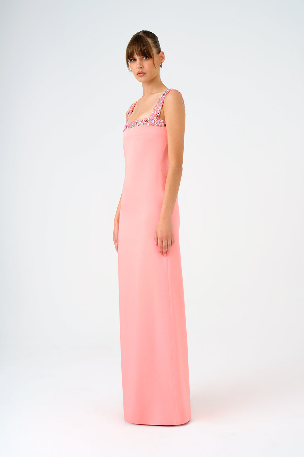 Şifon Pelerinli Taş İşlemeli Askılı Uzun Abiye Elbise - 9053C