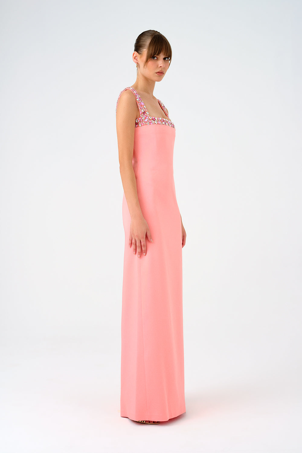 Şifon Pelerinli Taş İşlemeli Askılı Uzun Abiye Elbise - 9053C