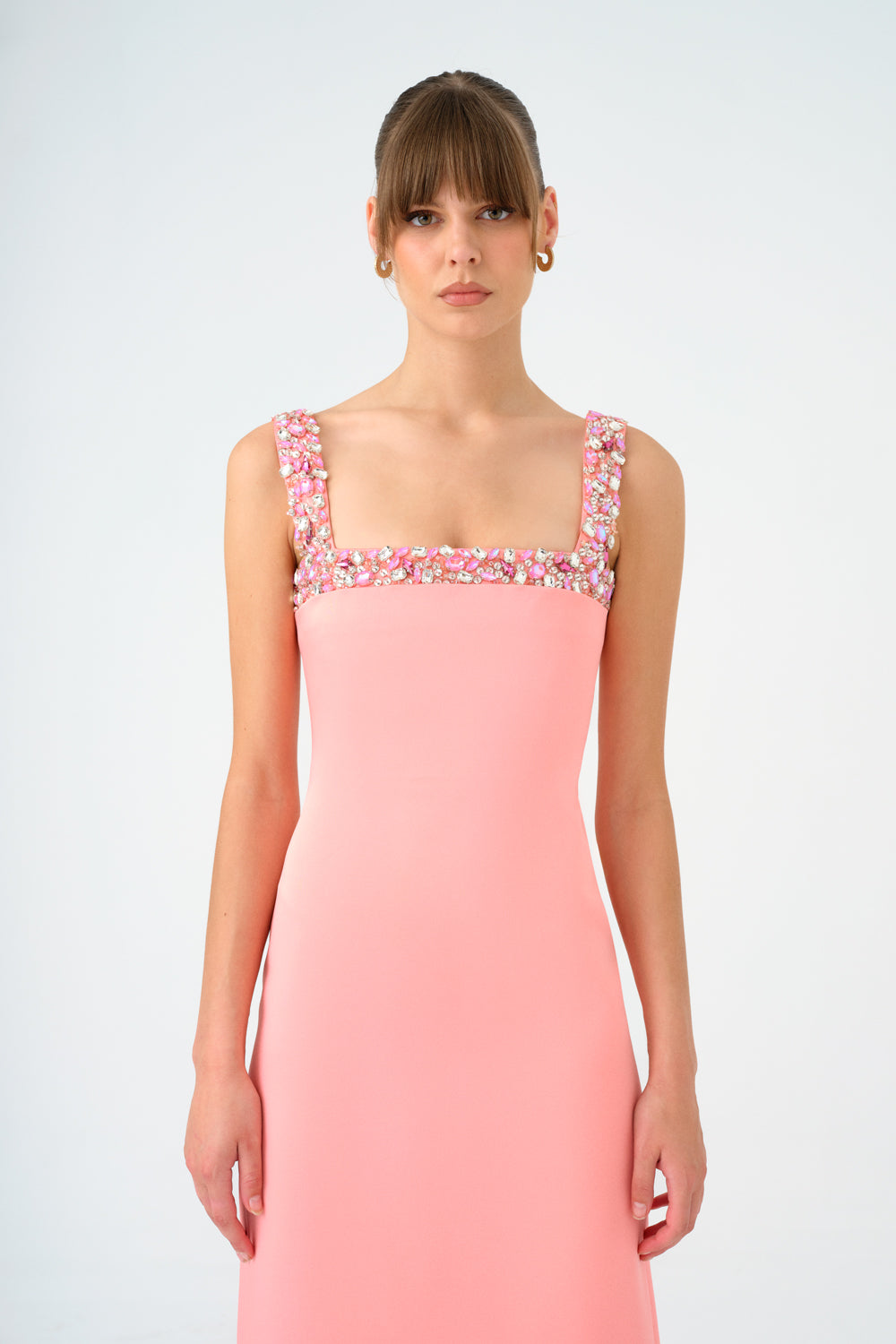 Şifon Pelerinli Taş İşlemeli Askılı Uzun Abiye Elbise - 9053C