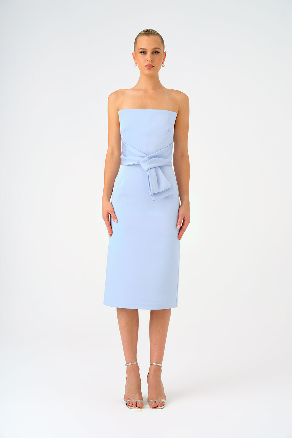 Düşük Omuzlu Straplez Saten Midi Abiye Elbise - 9155C