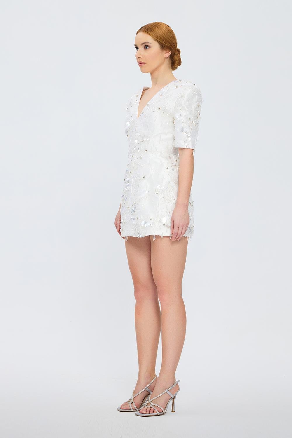 İşleme Detaylı Yarım Kol Kısa Abiye Elbise - 2071C