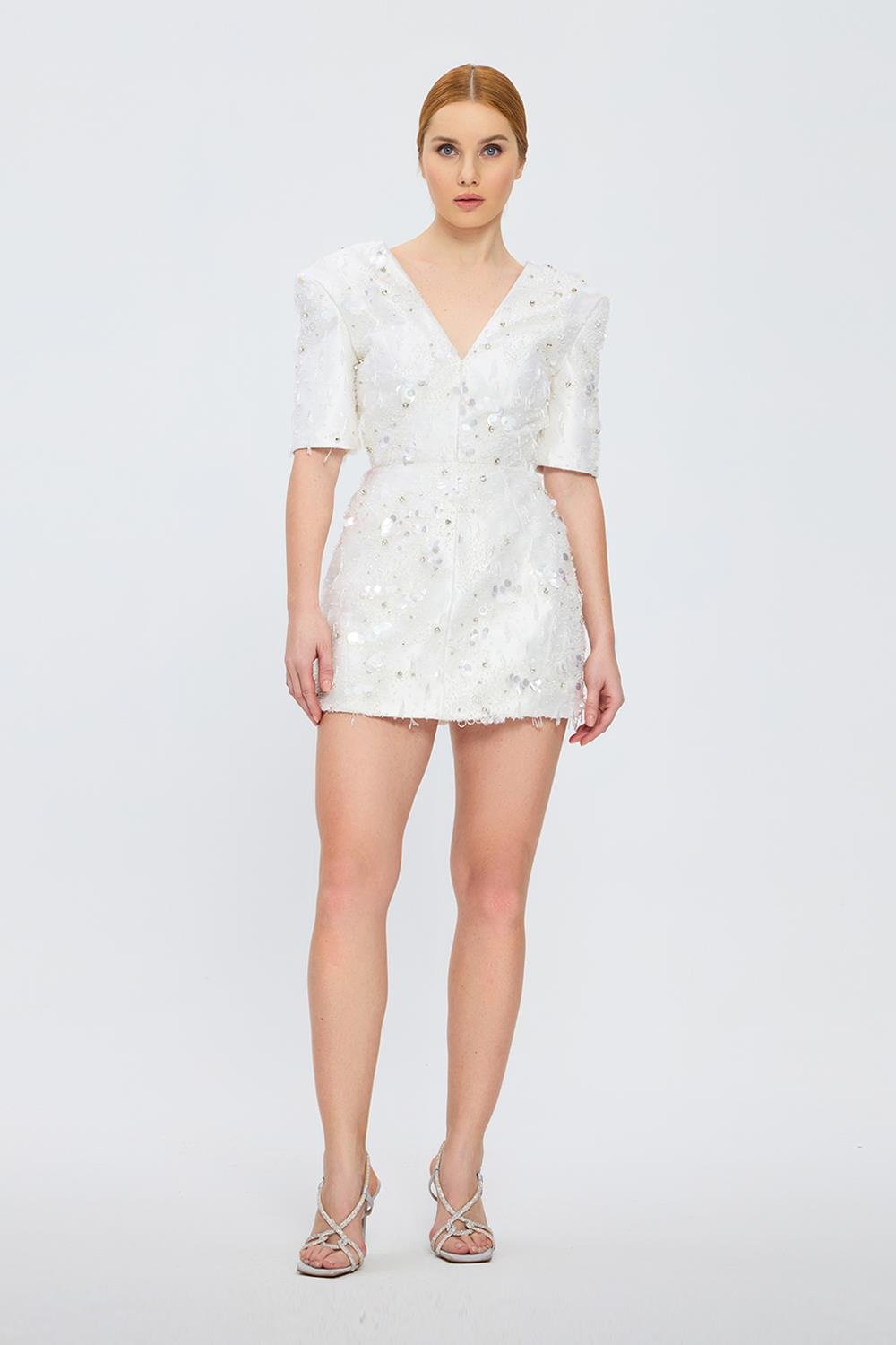 İşleme Detaylı Yarım Kol Kısa Abiye Elbise - 2071C