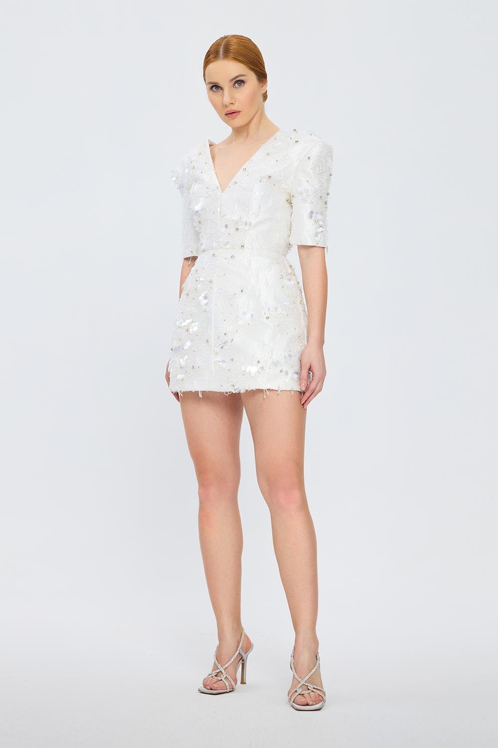 İşleme Detaylı Yarım Kol Kısa Abiye Elbise - 2071C