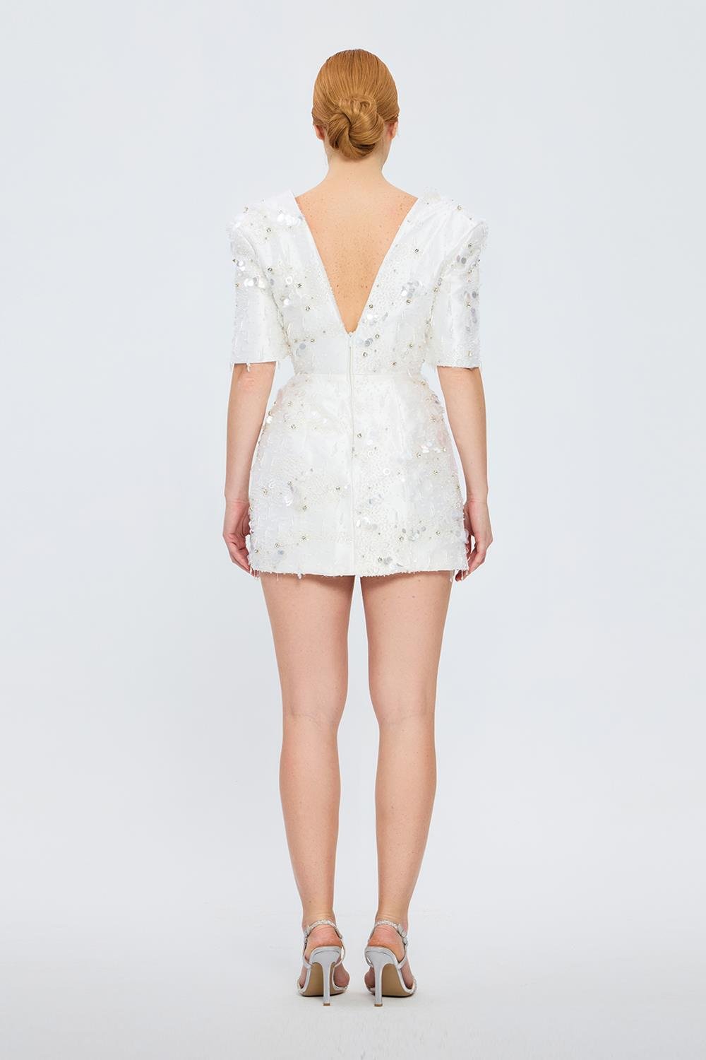 İşleme Detaylı Yarım Kol Kısa Abiye Elbise - 2071C