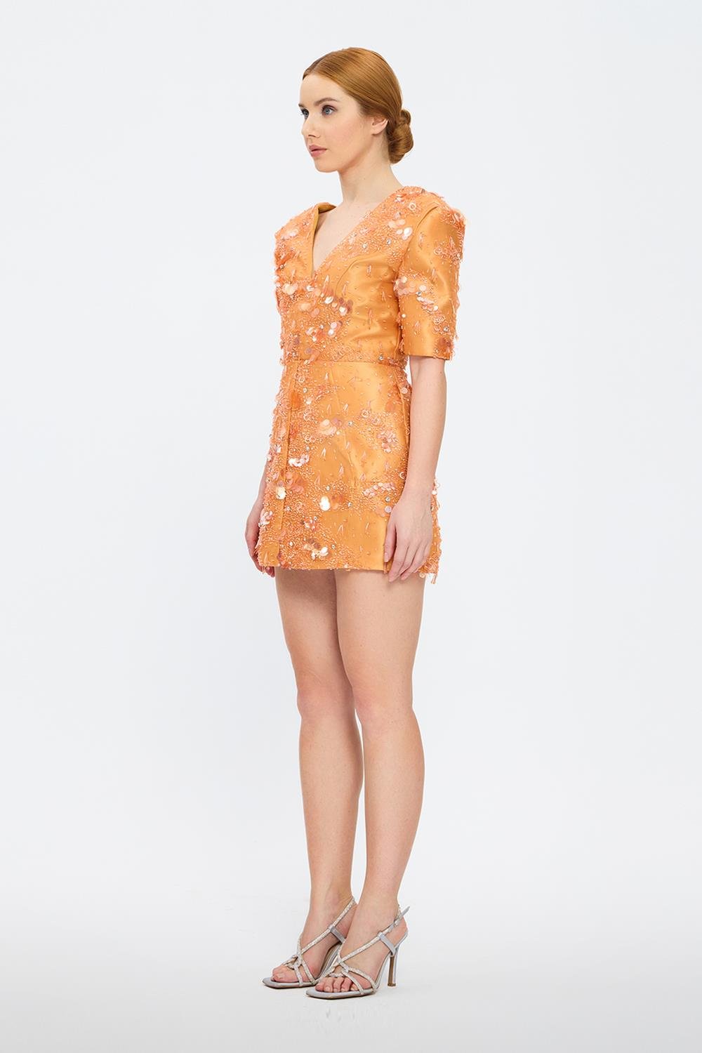 İşleme Detaylı Yarım Kol Kısa Abiye Elbise - 2071C