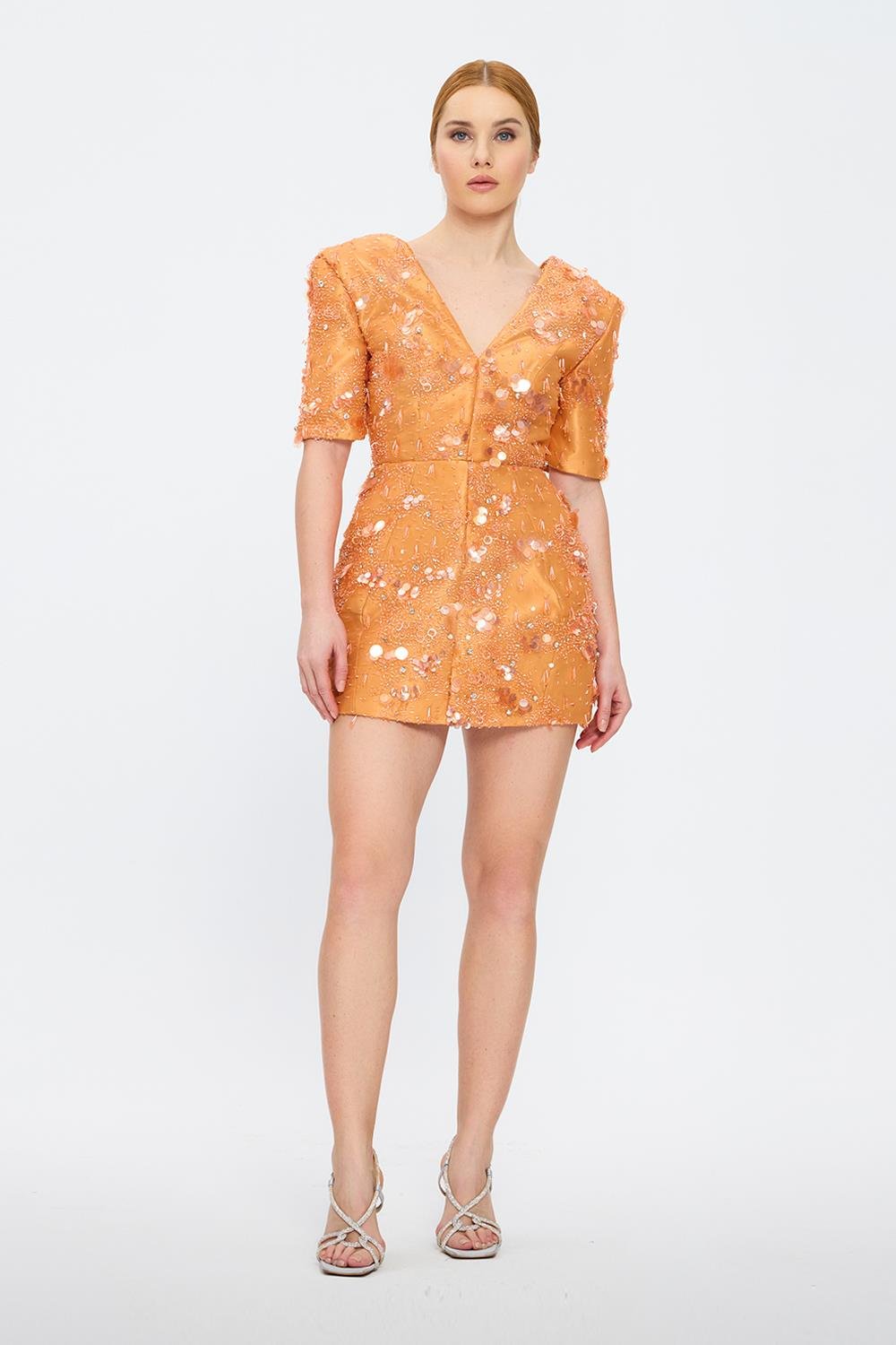 İşleme Detaylı Yarım Kol Kısa Abiye Elbise - 2071C