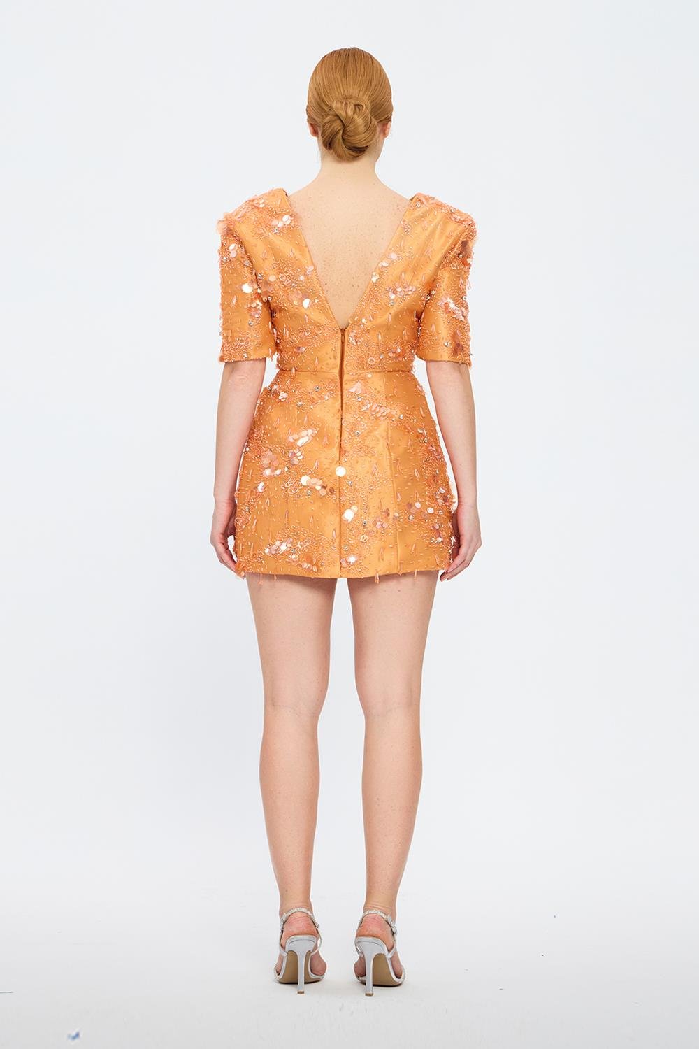 İşleme Detaylı Yarım Kol Kısa Abiye Elbise - 2071C