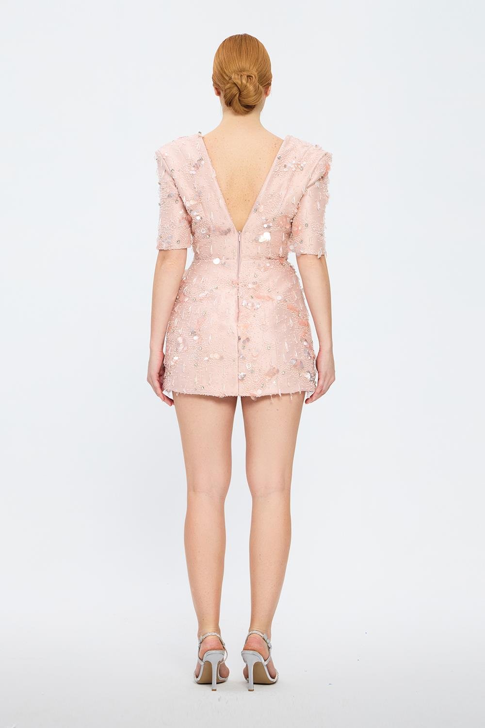 İşleme Detaylı Yarım Kol Kısa Abiye Elbise - 2071C