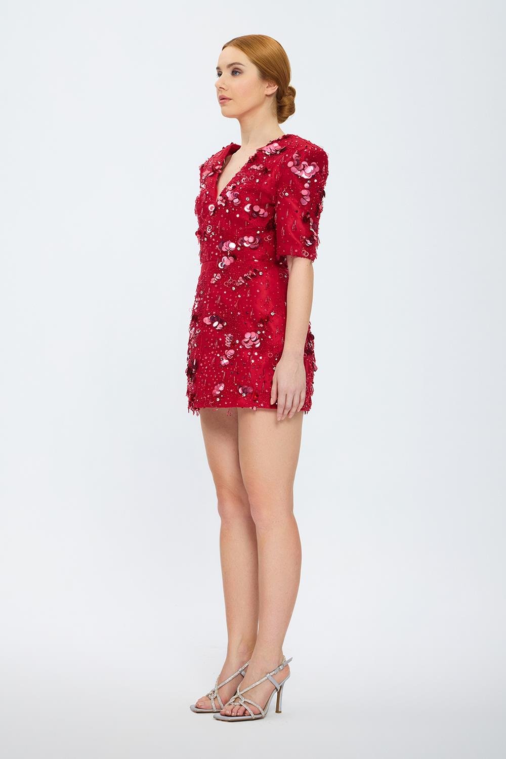 İşleme Detaylı Yarım Kol Kısa Abiye Elbise - 2071C