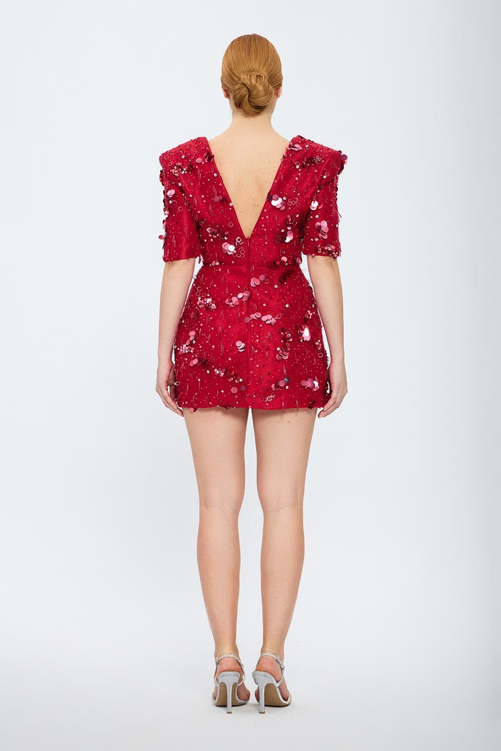 İşleme Detaylı Yarım Kol Kısa Abiye Elbise - 2071C