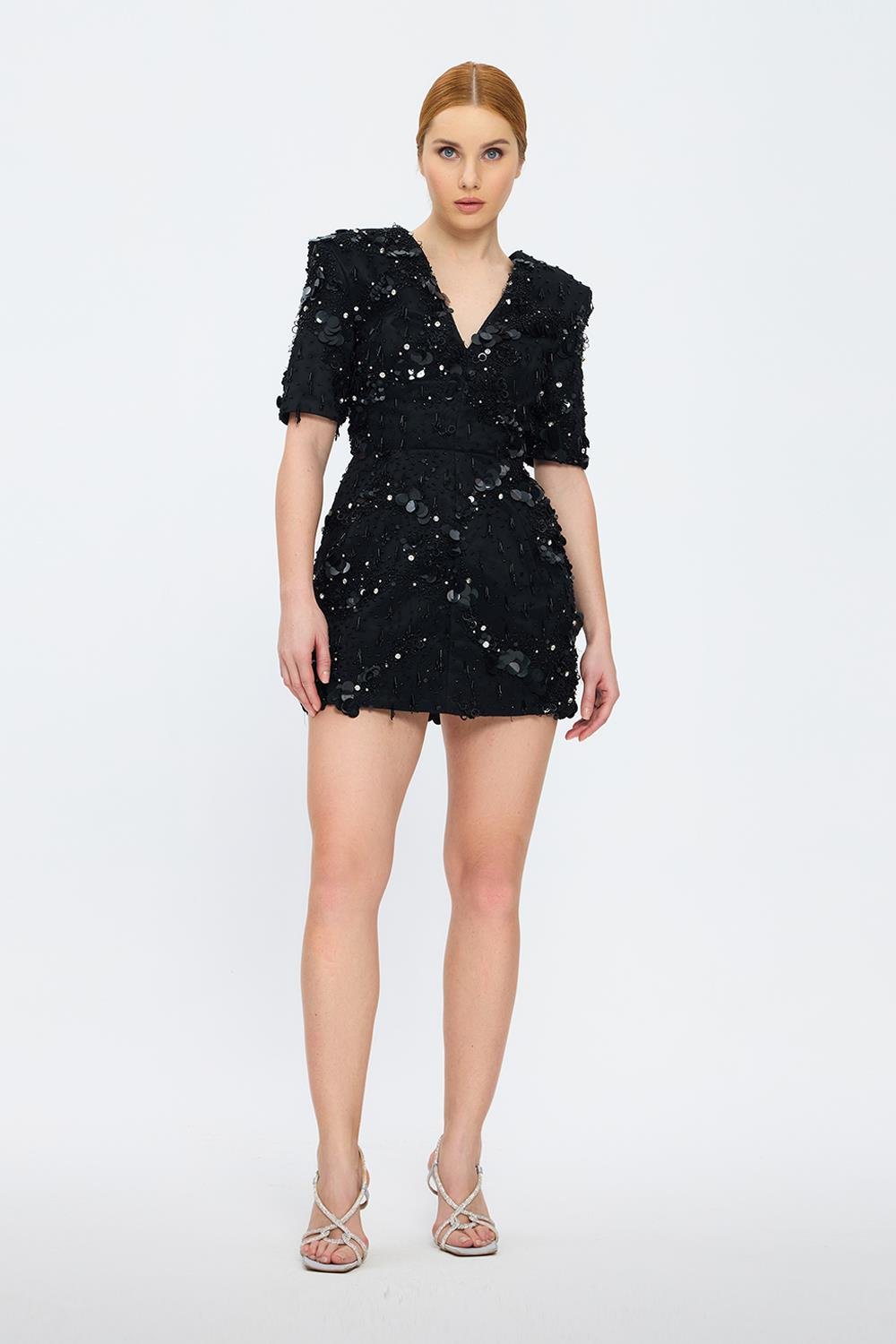 İşleme Detaylı Yarım Kol Kısa Abiye Elbise - 2071C