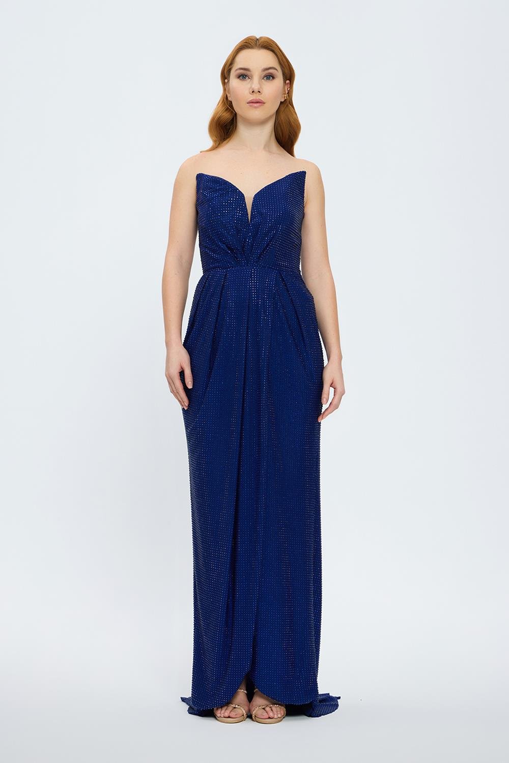 Draje Yaka Taşlı İşlemeli Uzun Abiye Elbise - 7012C