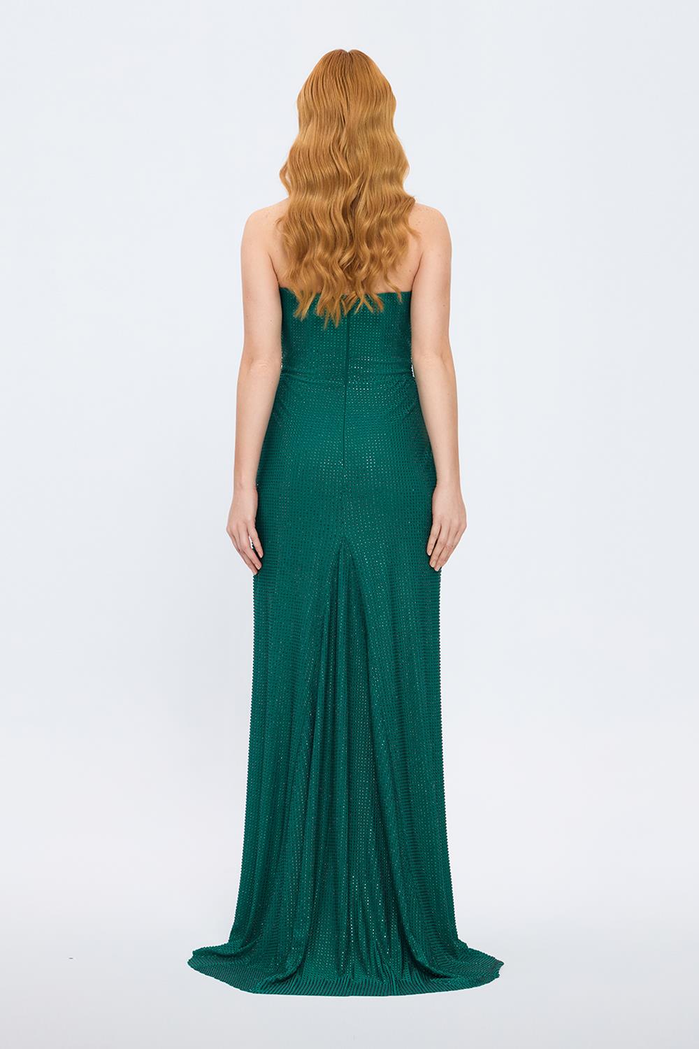 Draje Yaka Taşlı İşlemeli Uzun Abiye Elbise - 7012C