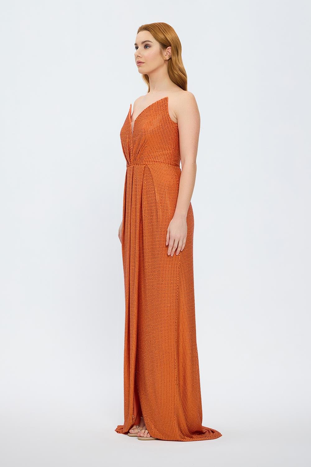 Draje Yaka Taşlı İşlemeli Uzun Abiye Elbise - 7012C