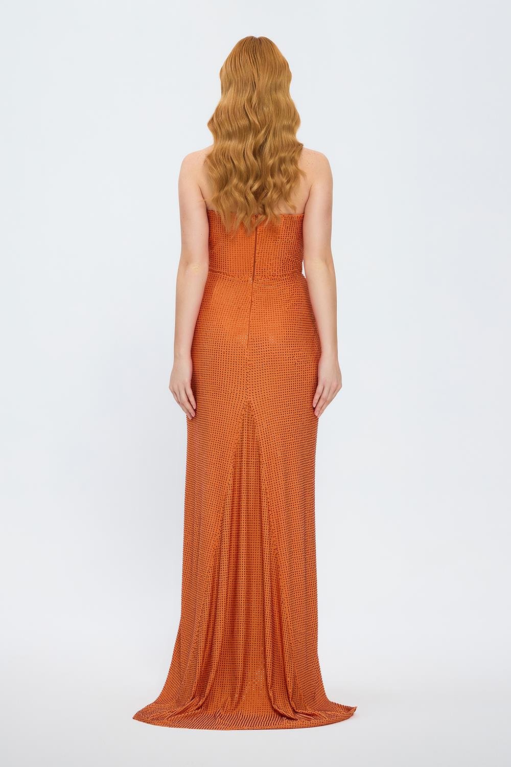 Draje Yaka Taşlı İşlemeli Uzun Abiye Elbise - 7012C