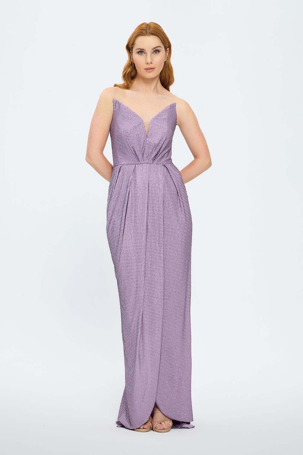 Draje Yaka Taşlı İşlemeli Uzun Abiye Elbise - 7012C