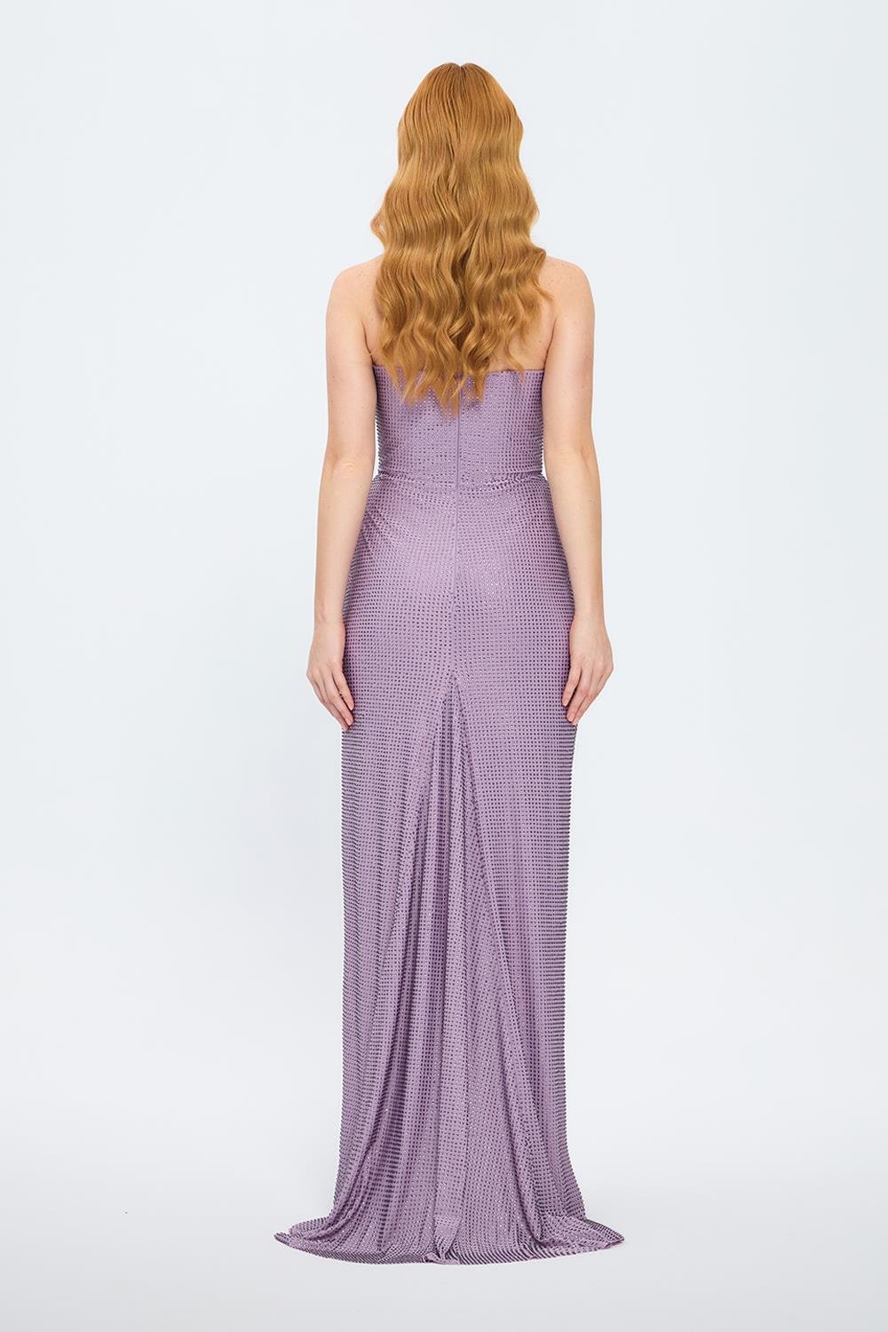 Draje Yaka Taşlı İşlemeli Uzun Abiye Elbise - 7012C