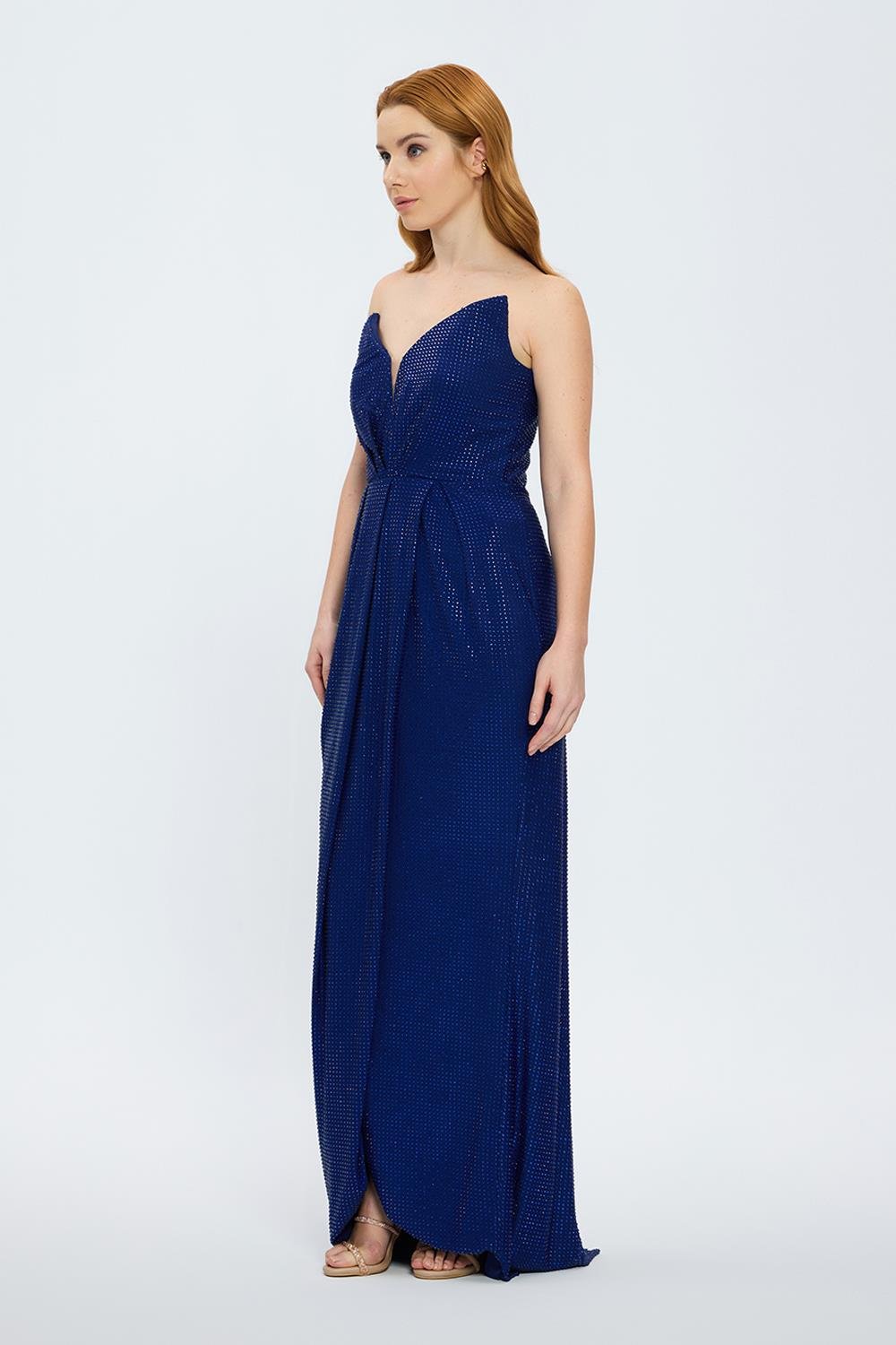 Draje Yaka Taşlı İşlemeli Uzun Abiye Elbise - 7012C