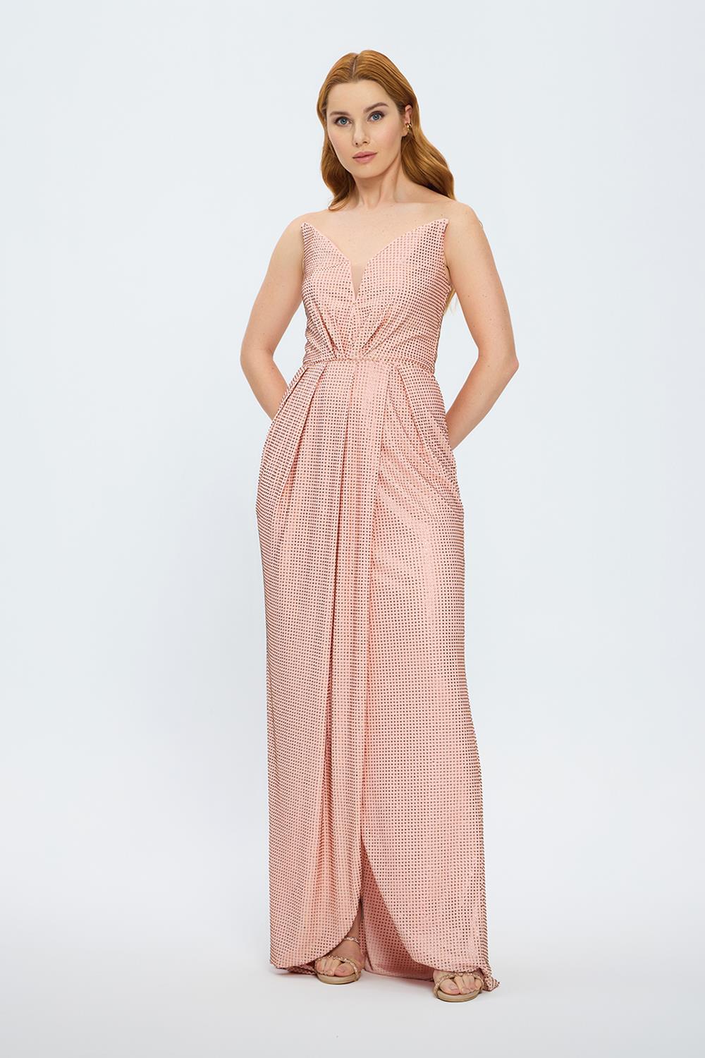 Draje Yaka Taşlı İşlemeli Uzun Abiye Elbise - 7012C