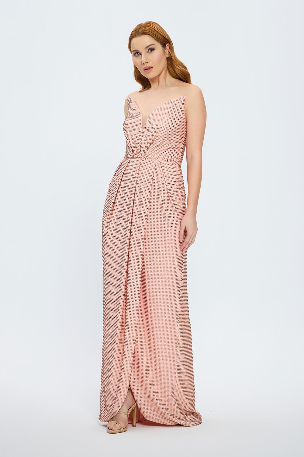 Draje Yaka Taşlı İşlemeli Uzun Abiye Elbise - 7012C