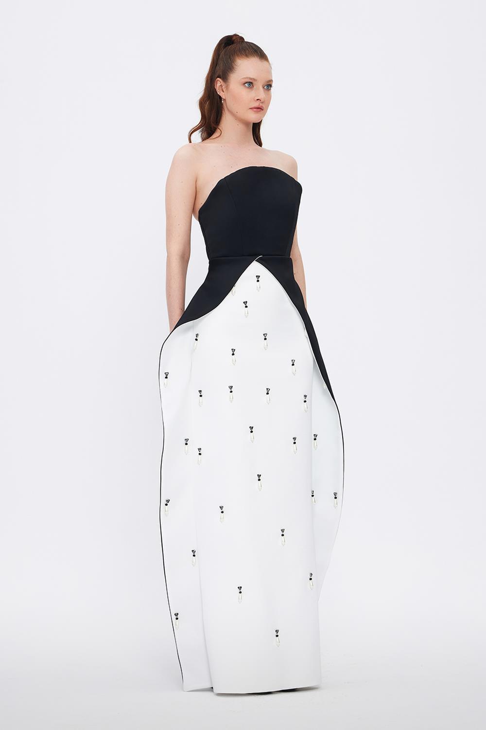 İnci Detaylı Straplez Yaka Düz Abiye Elbise - 1025C