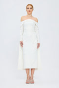 Kayık Yaka Beyaz Taşlı Uzun Abiye Elbise - 1026K