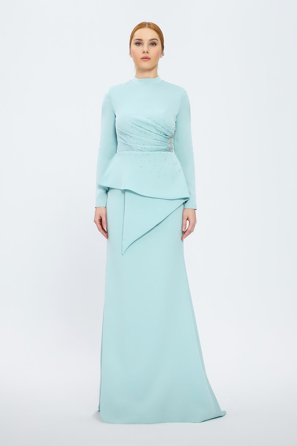 Balık Kesim Yuvarlak Yaka Uzun Abiye Elbise - 5042C