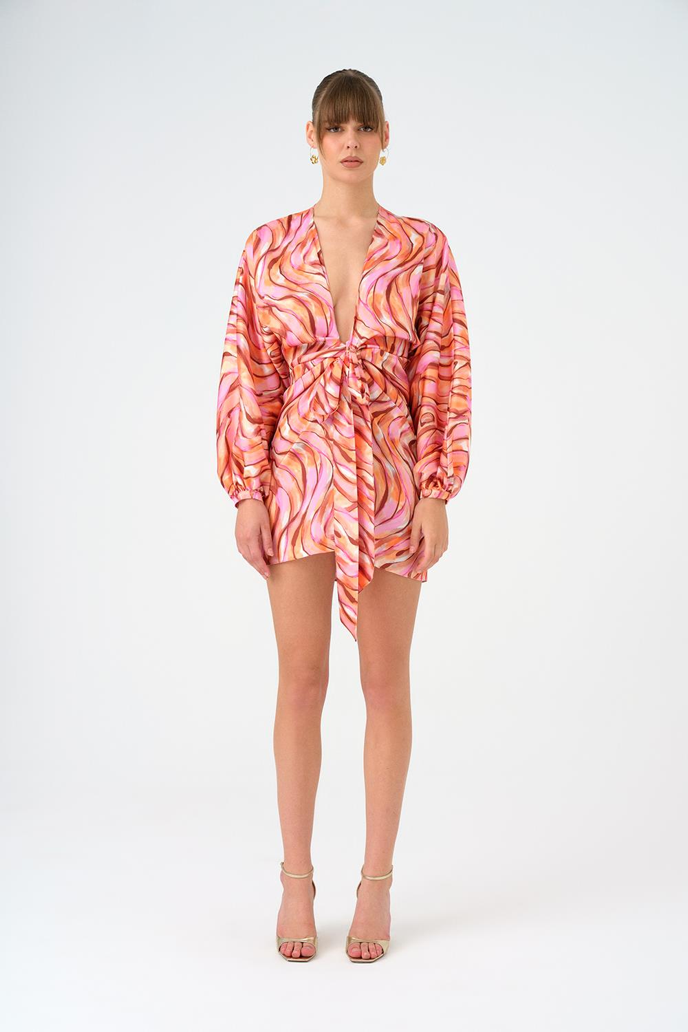 Bağlama Detaylı Desenli Kısa Abiye Elbise - 9199C