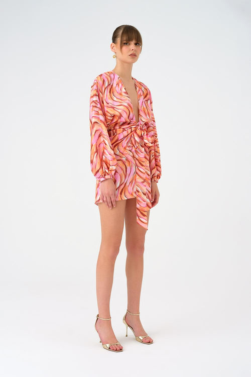 Bağlama Detaylı Desenli Kısa Abiye Elbise - 9199C