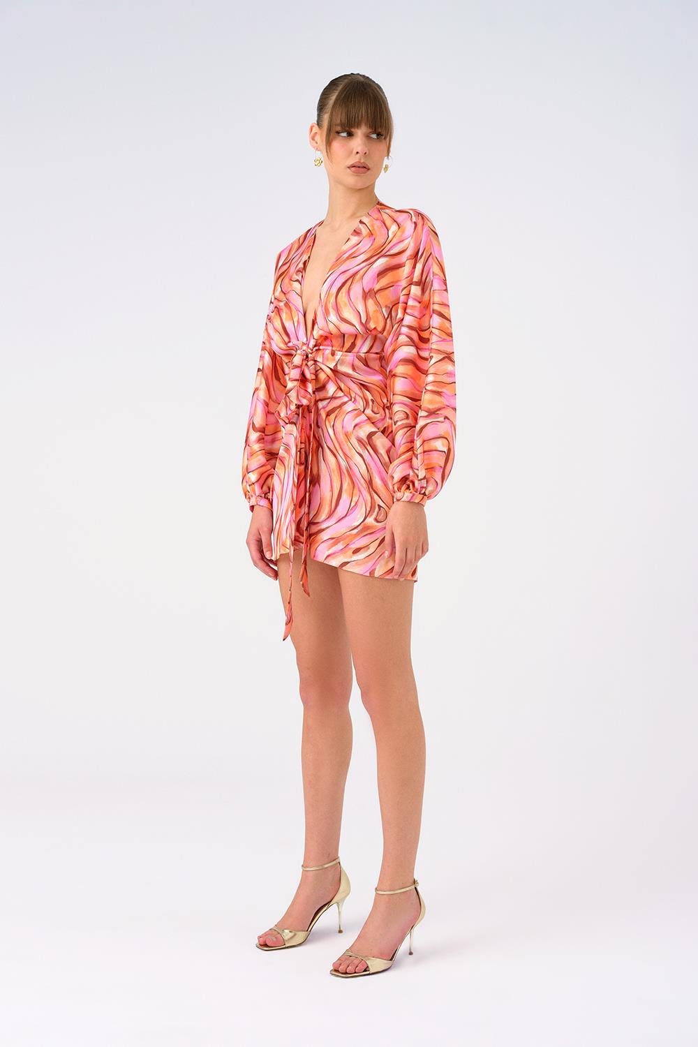 Bağlama Detaylı Desenli Kısa Abiye Elbise - 9199C