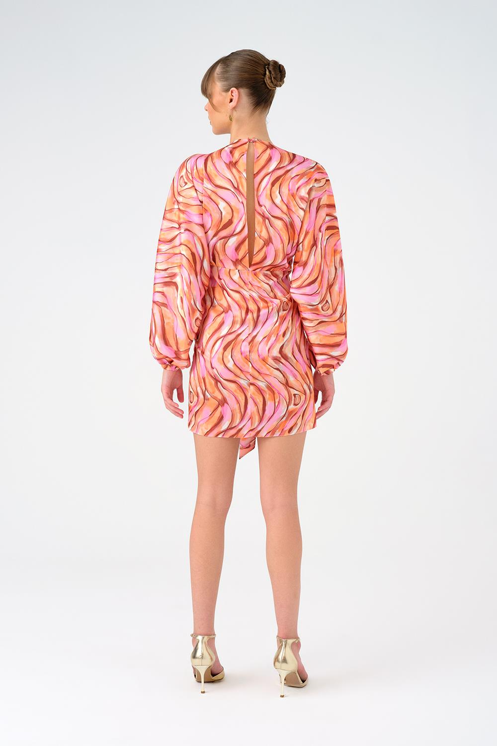 Bağlama Detaylı Desenli Kısa Abiye Elbise - 9199C