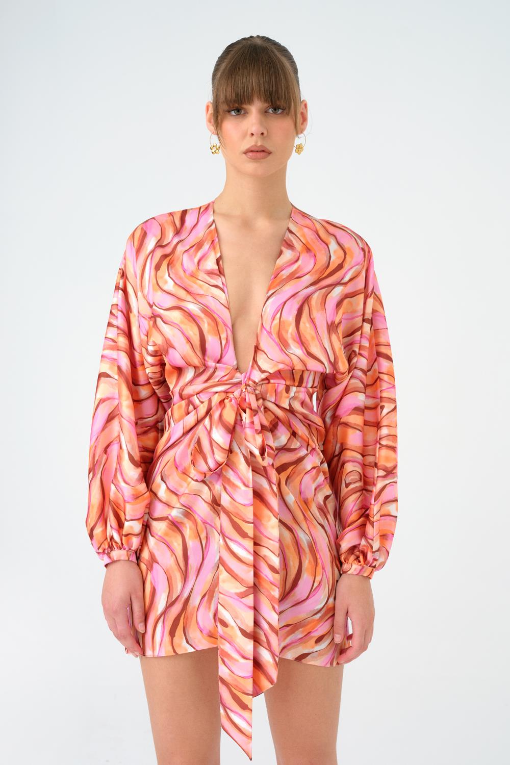 Bağlama Detaylı Desenli Kısa Abiye Elbise - 9199C