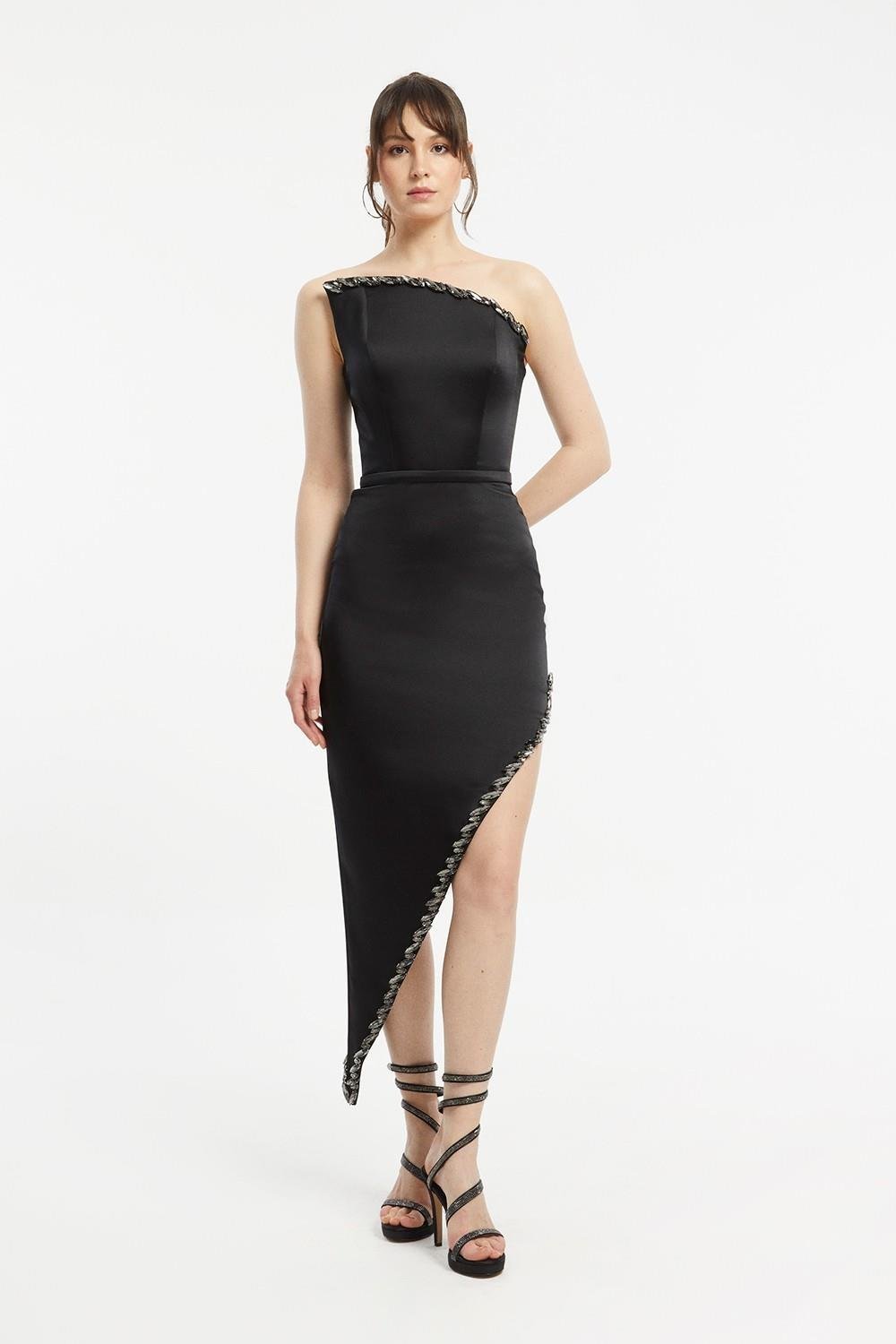 Asimetrik Straplez Yaka Yırtmaçlı Abiye Elbise - 1011C