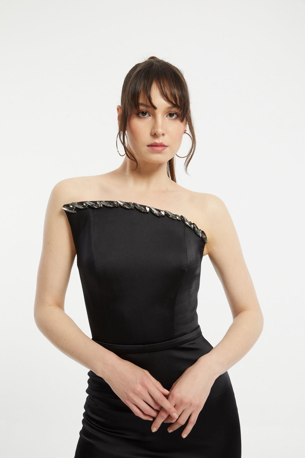 Asimetrik Straplez Yaka Yırtmaçlı Abiye Elbise - 1011C