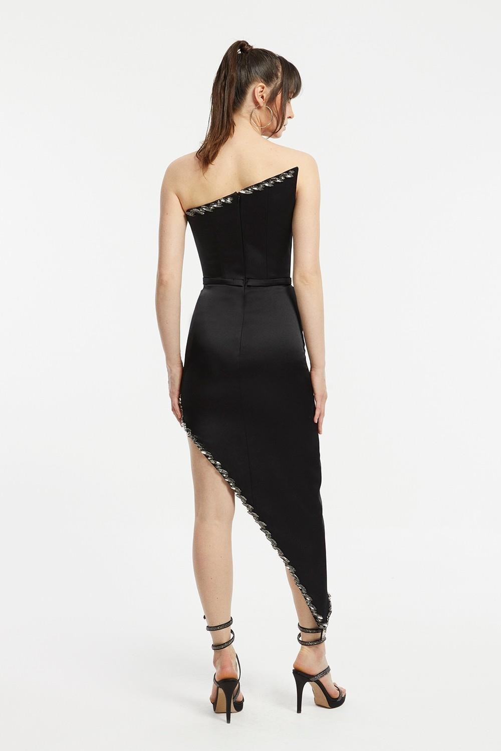 Asimetrik Straplez Yaka Yırtmaçlı Abiye Elbise - 1011C