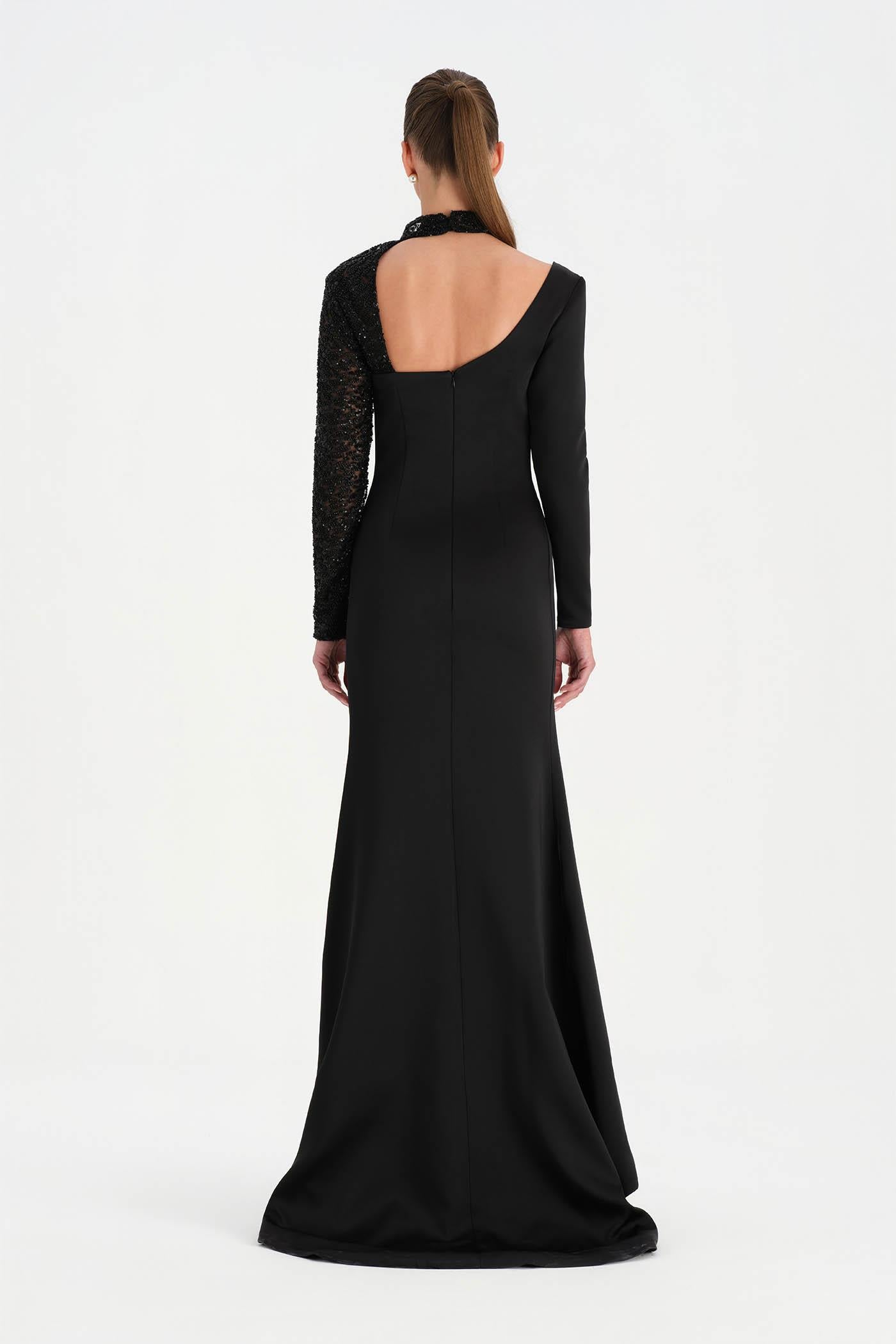 One-Sleeve Embroidered High-Slit Evening Dress - 26044C