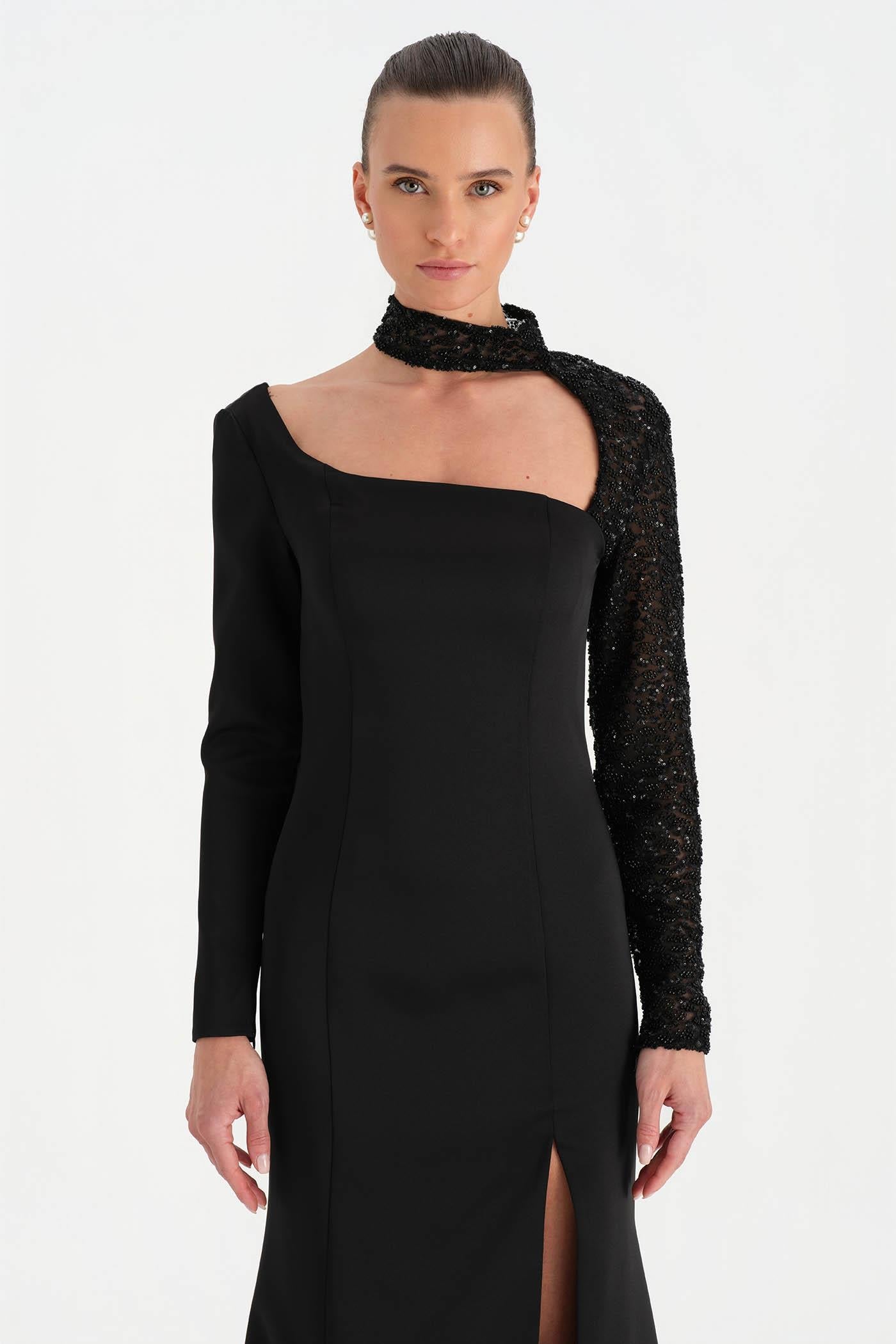 One-Sleeve Embroidered High-Slit Evening Dress - 26044C