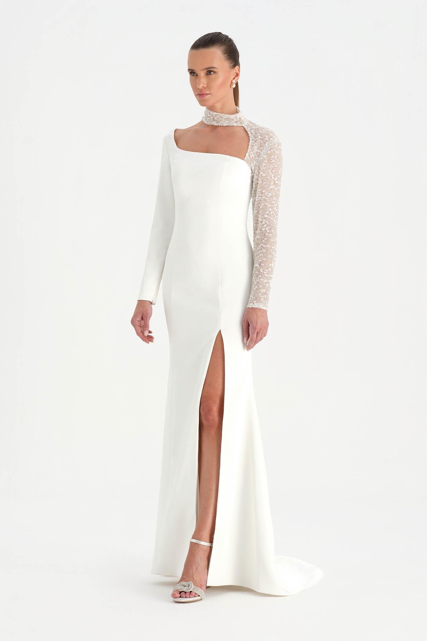 One-Sleeve Embroidered High-Slit Evening Dress - 26044C