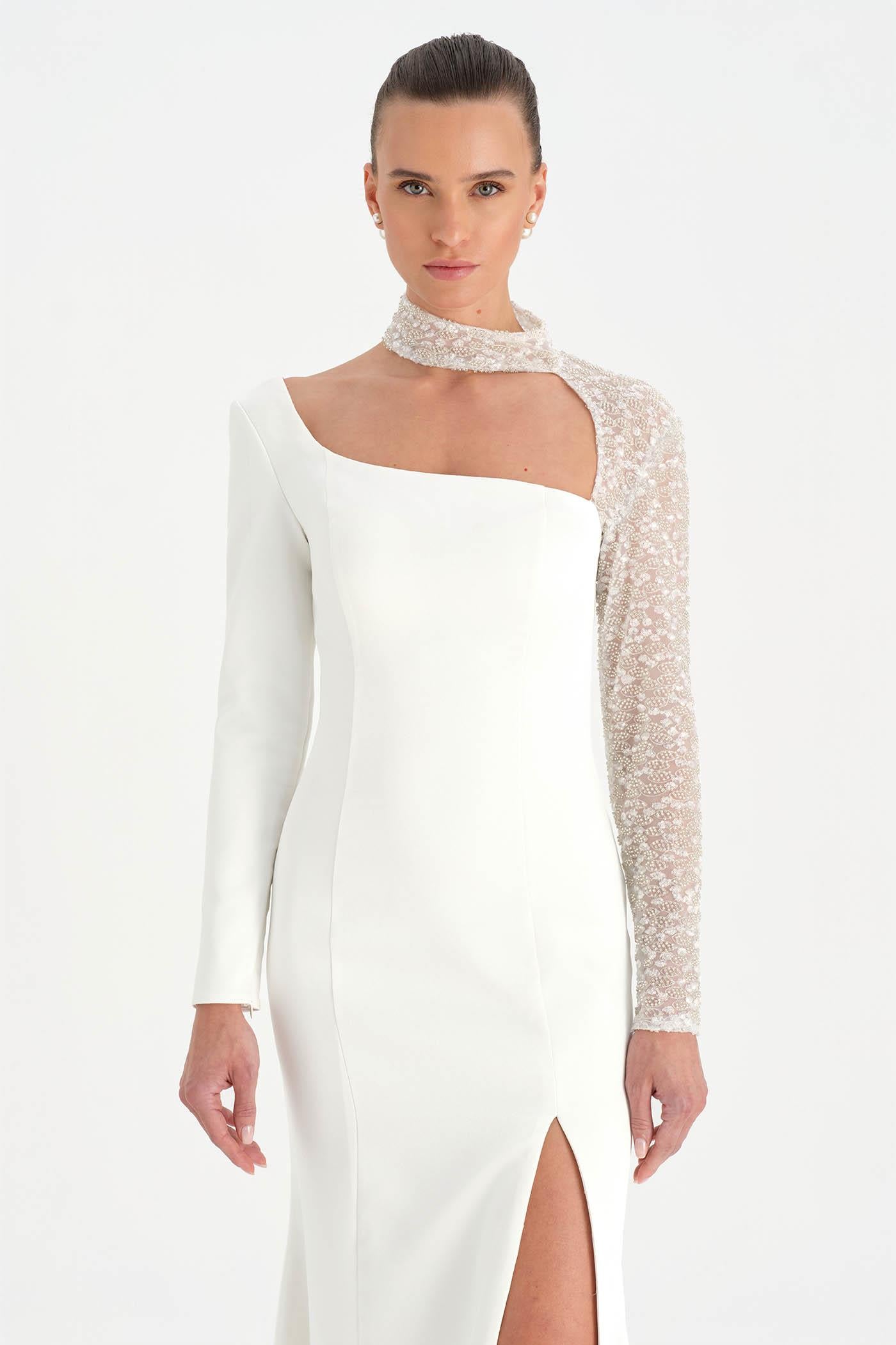 One-Sleeve Embroidered High-Slit Evening Dress - 26044C